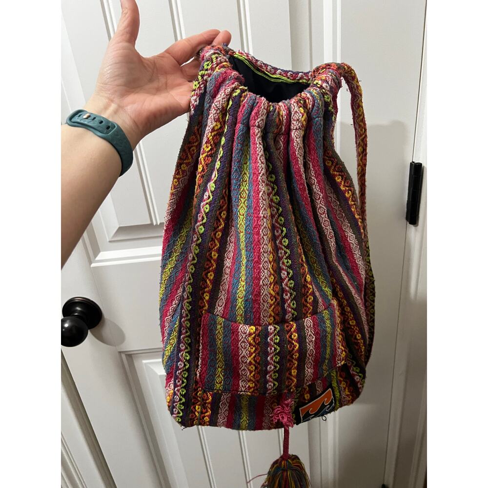 Billabong Boho Backpack Multicolor Woven Tribal Stripe Tassel Drawstring Bag - Picture 2 of 16